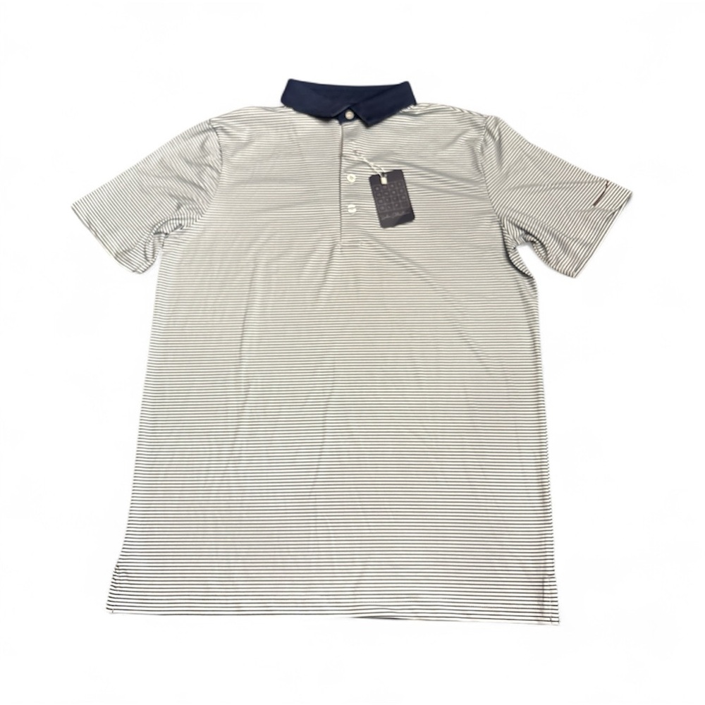 Boston Scott Golf Men’s Stretch Golf Polo Shirt navy stripe UPF50 Size S NWT